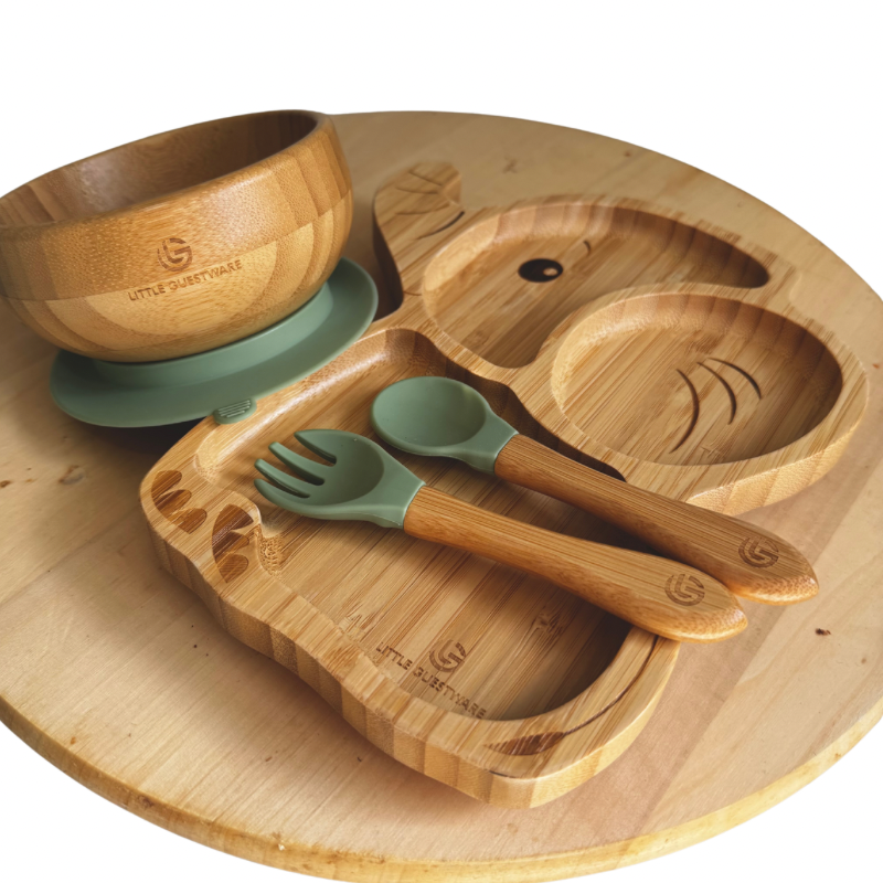 Elephant Bamboo Feeding Set – Plate, Bowl, Spoon & Fork Gift Set